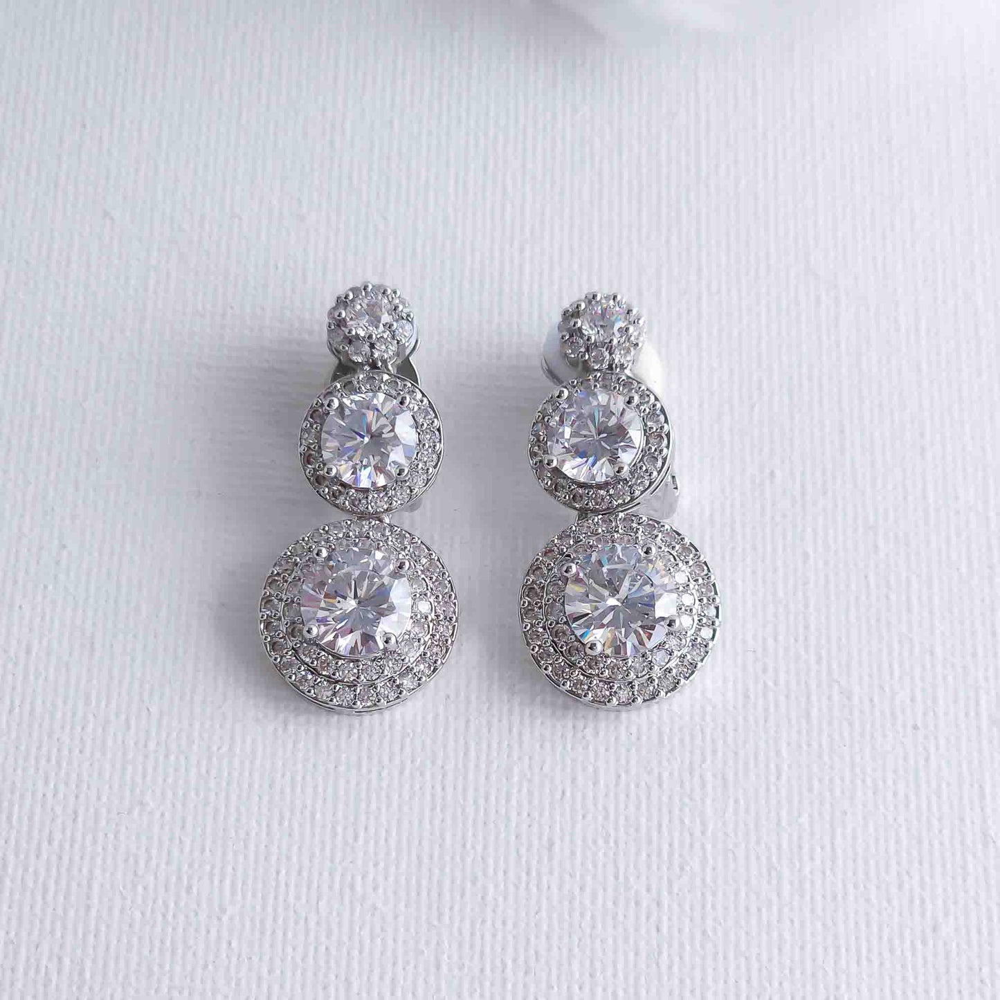 Wedding Clip on Earrings with 3 Round CZ Stones-Alaia