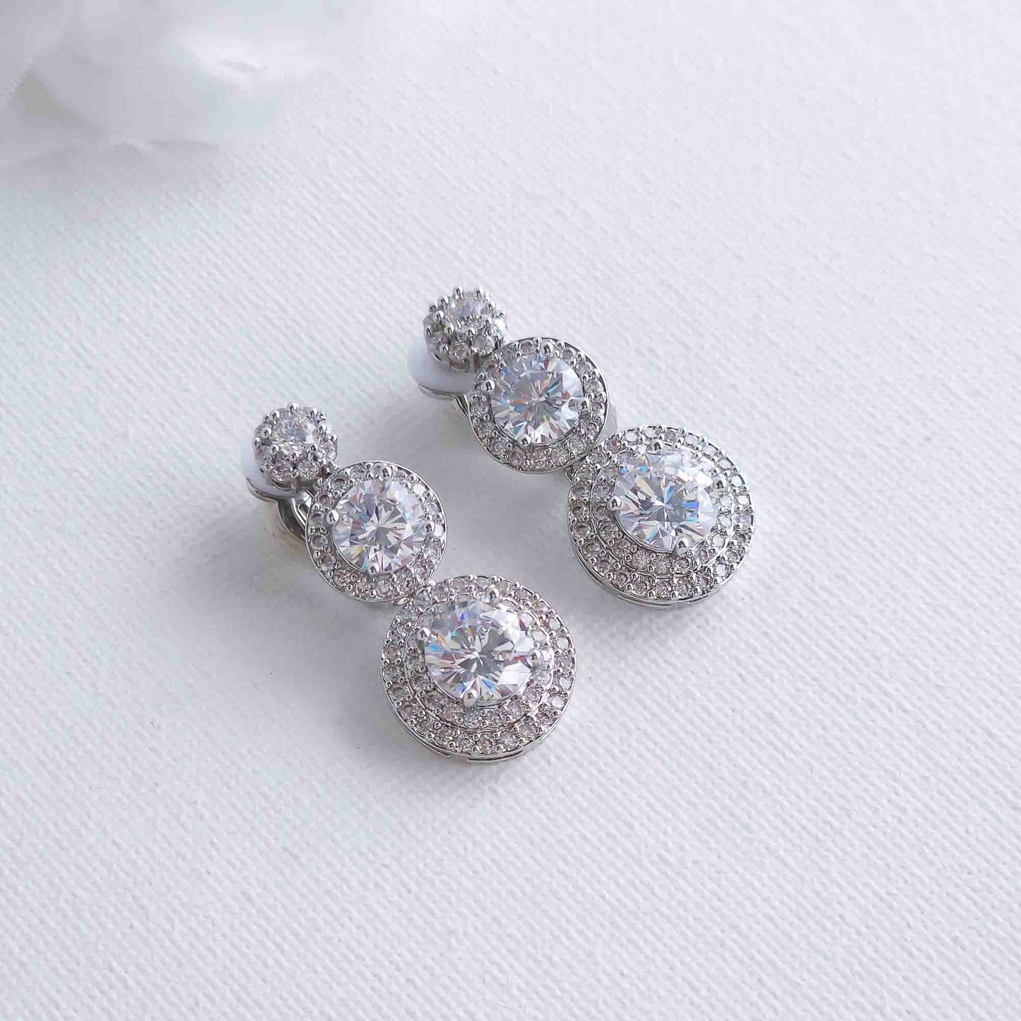 Wedding Clip on Earrings with 3 Round CZ Stones-Alaia