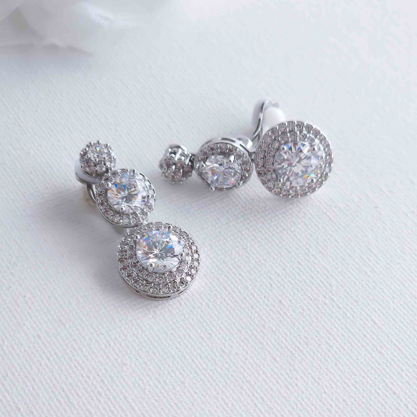 Wedding Clip on Earrings with 3 Round CZ Stones-Alaia