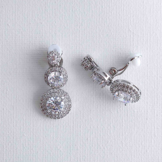 Wedding Clip on Earrings with 3 Round CZ Stones-Alaia