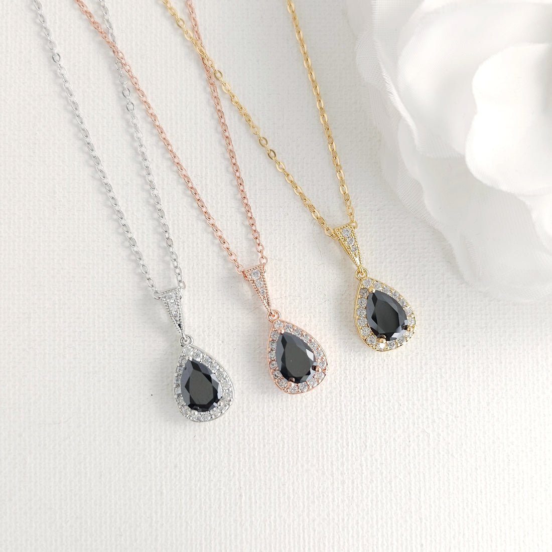 Rose Gold and Black Drop Jewellery Set | Necklace, Earrings & Bracelet for Weddings and Evening Wear - Zoe