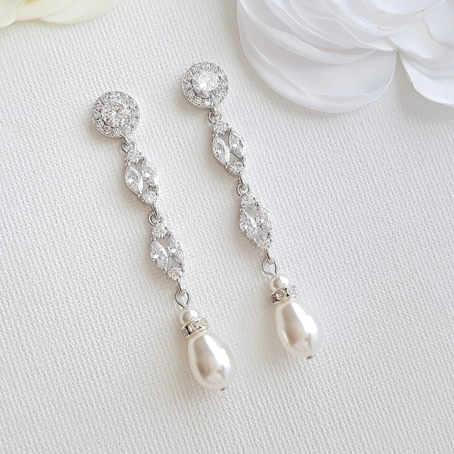 Long Rose Gold Pearl Drop Earrings- Hayley