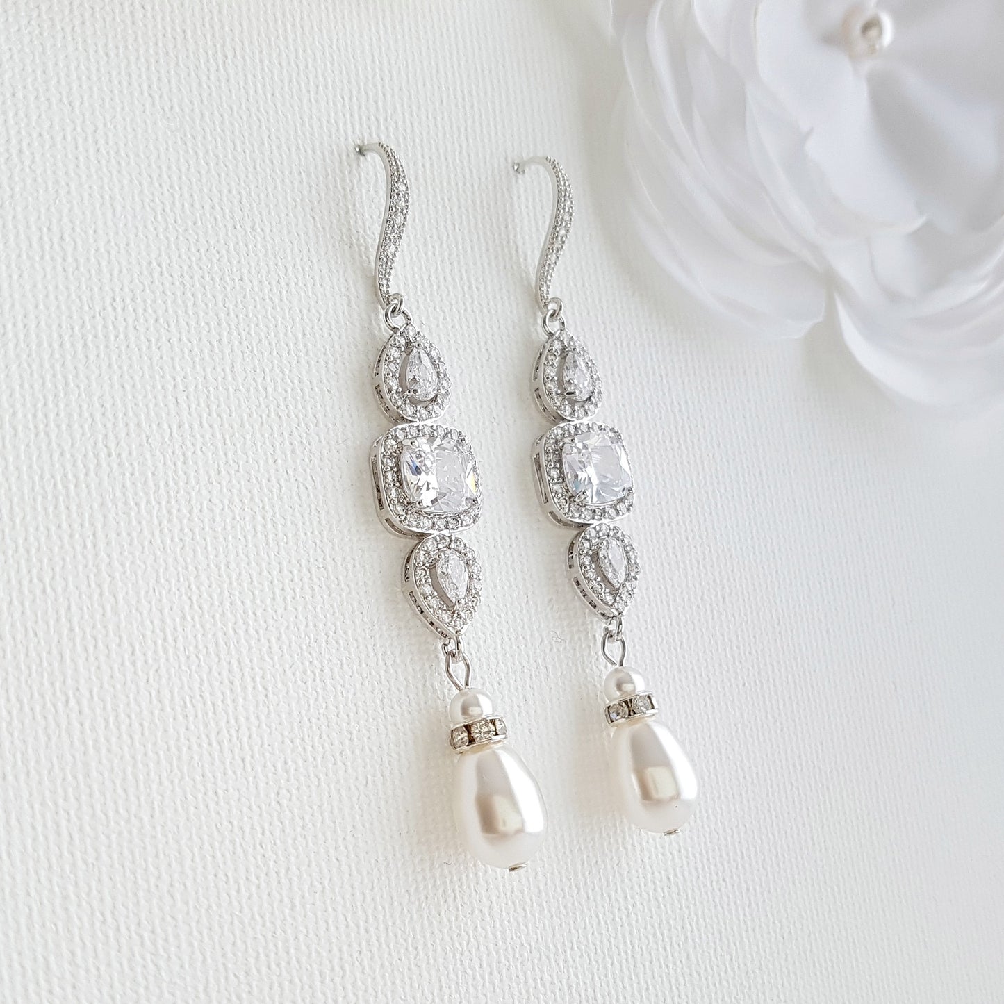 Pearl Drop Long Dangle Earrings for Weddings-Gianna