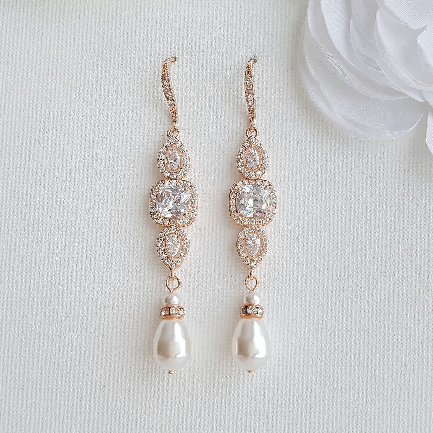 Rose Gold Pearl Drop Wedding Earrings-Gianna