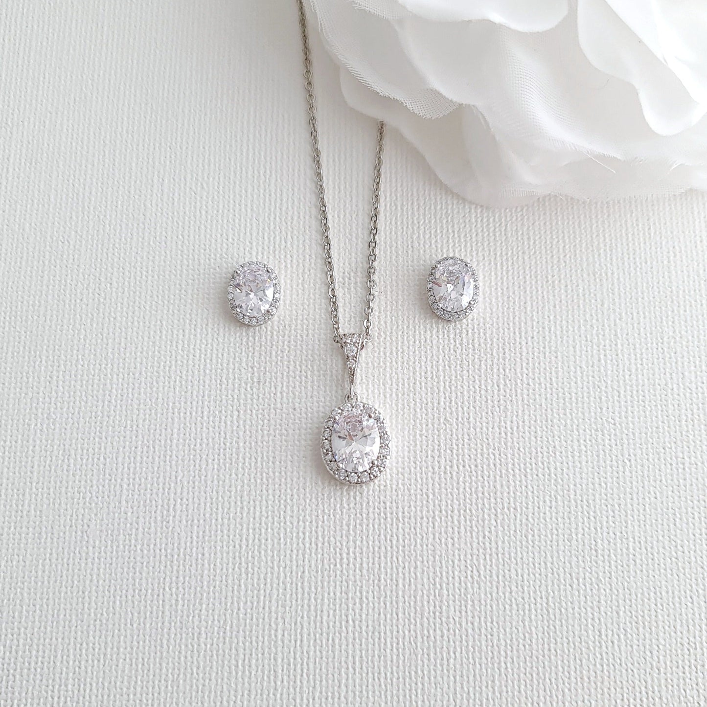Brides & Bridesmaids Oval Stud Earrings and Necklace Set-Emily