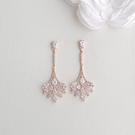 Slim Rose Gold Chandelier Drop Earrings with clear cubic zirconia for weddings