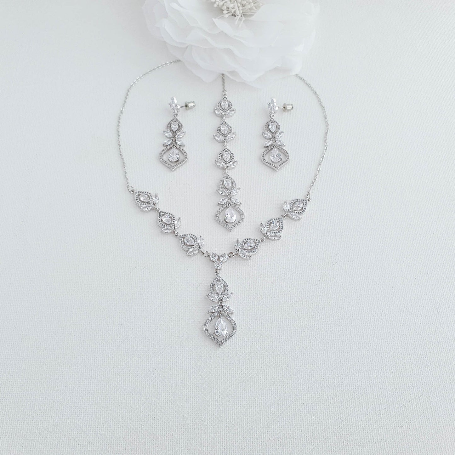 Gold Back Necklace and Earrings Bridal Jewellery Set-Meghan