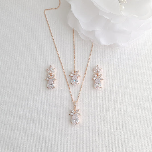 Simple Leaf Bridal Earrings and Necklace Set with Short Backdrop-Stella