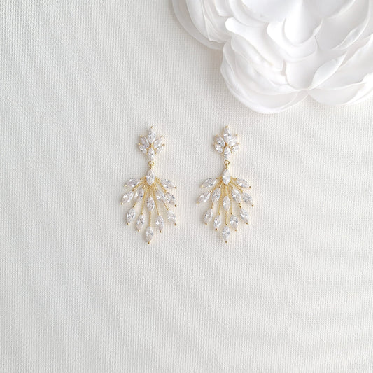 Tiny Leaf Chandelier Earrings in Gold For Brides-Belle