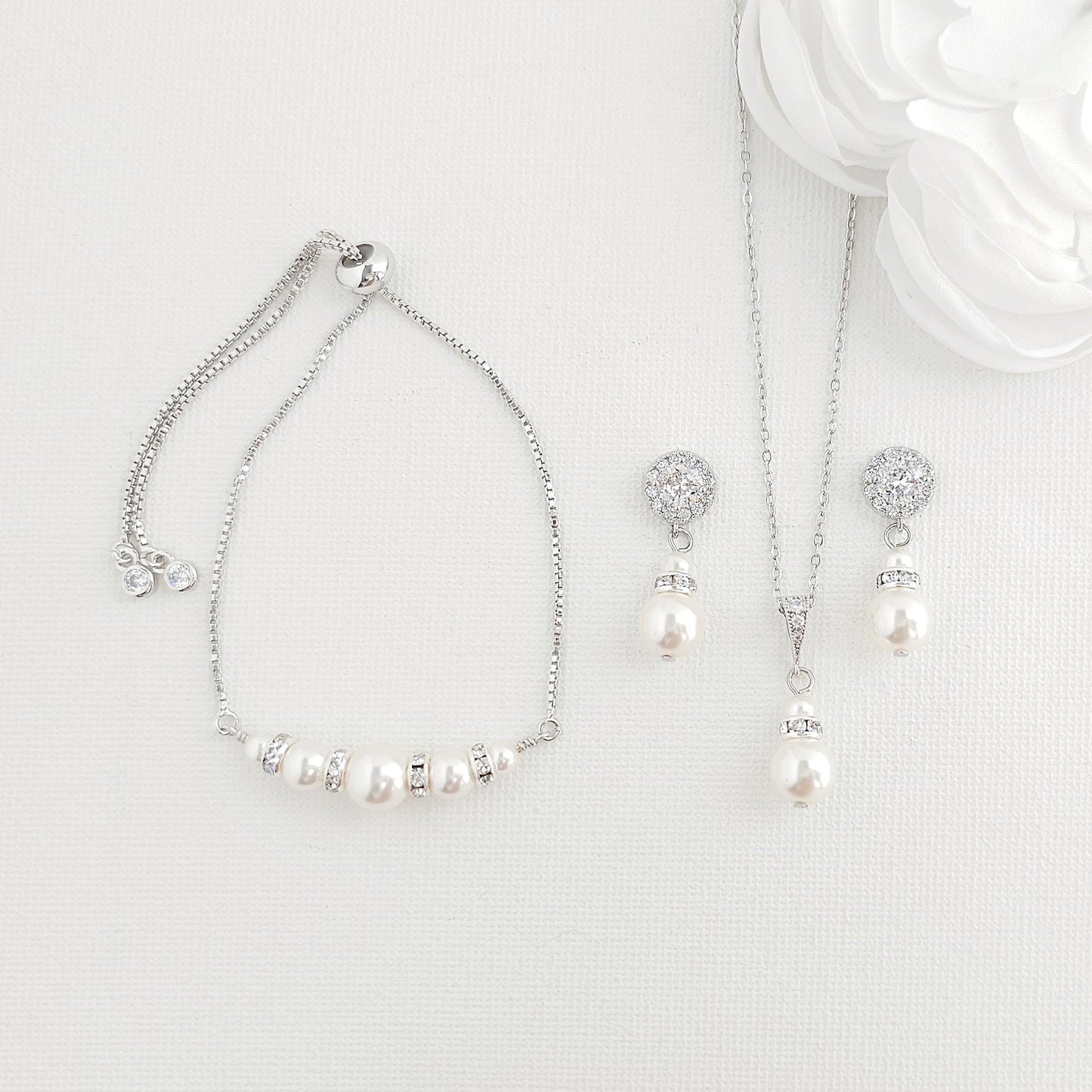 Earrings, Necklace Bracelet Set in Pearls for Weddings in Rose Gold-AVA