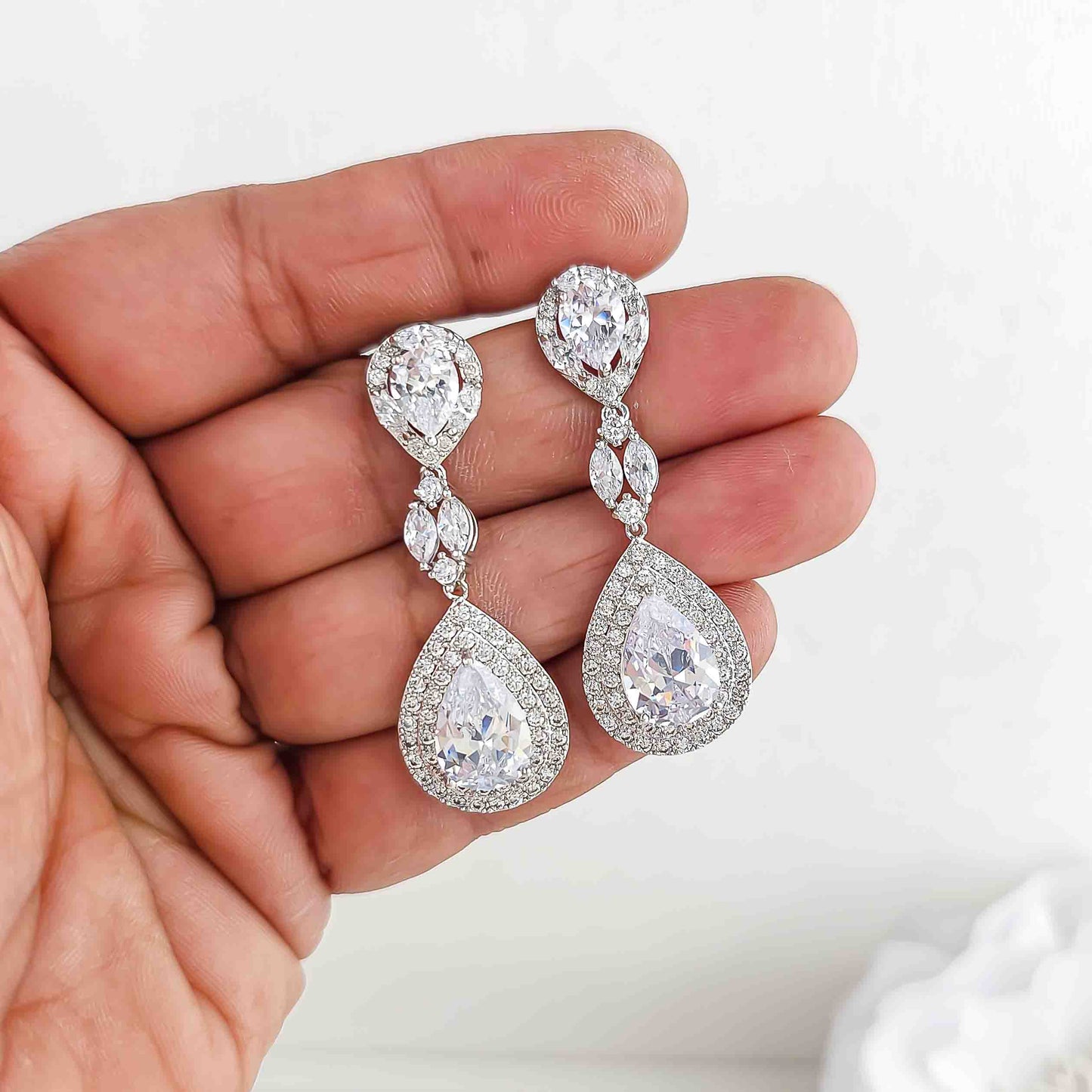 CZ Teardrop Dangling Earrings for Brides-Alba