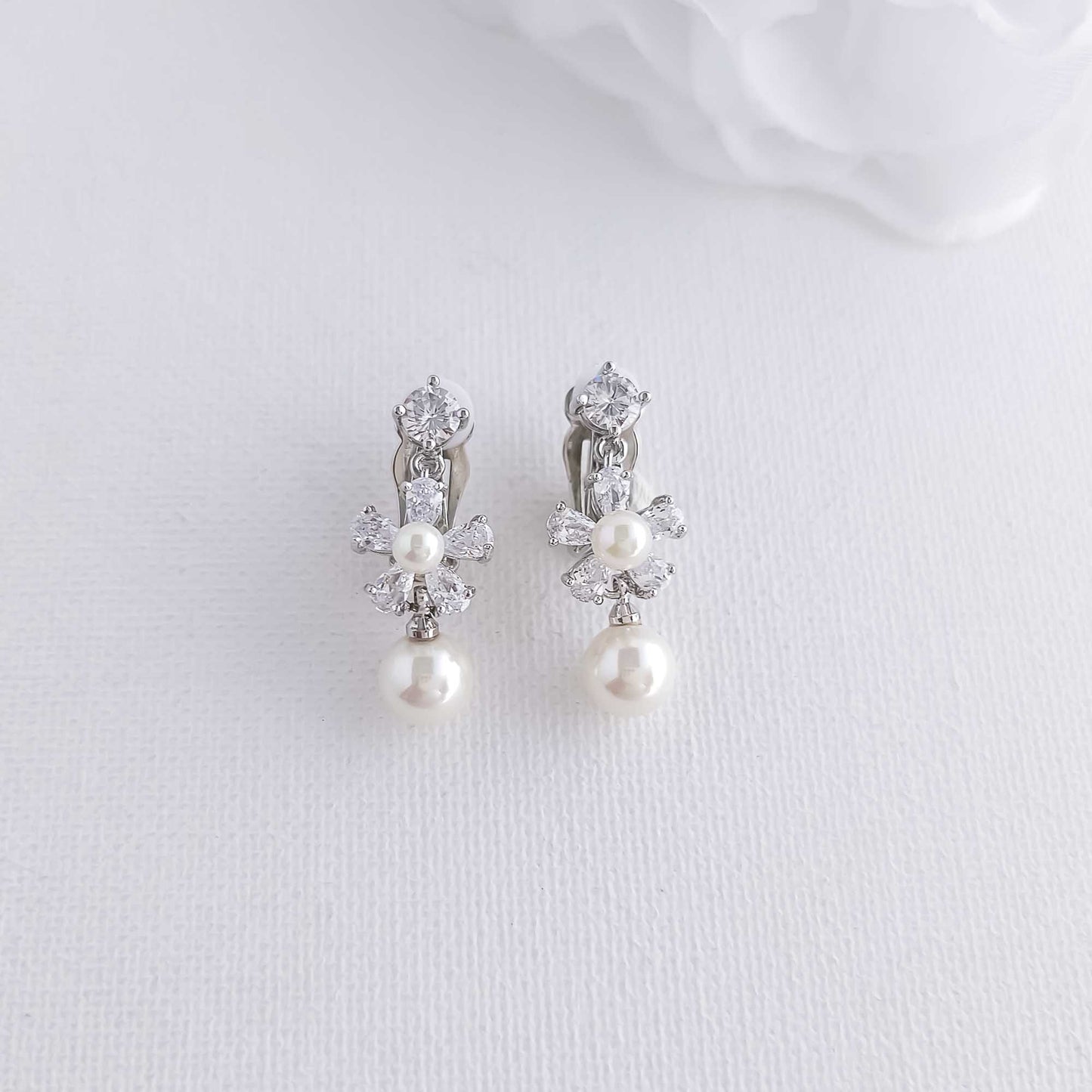 Floral Clip-on Earrings for Wedding with Pearls-Deb