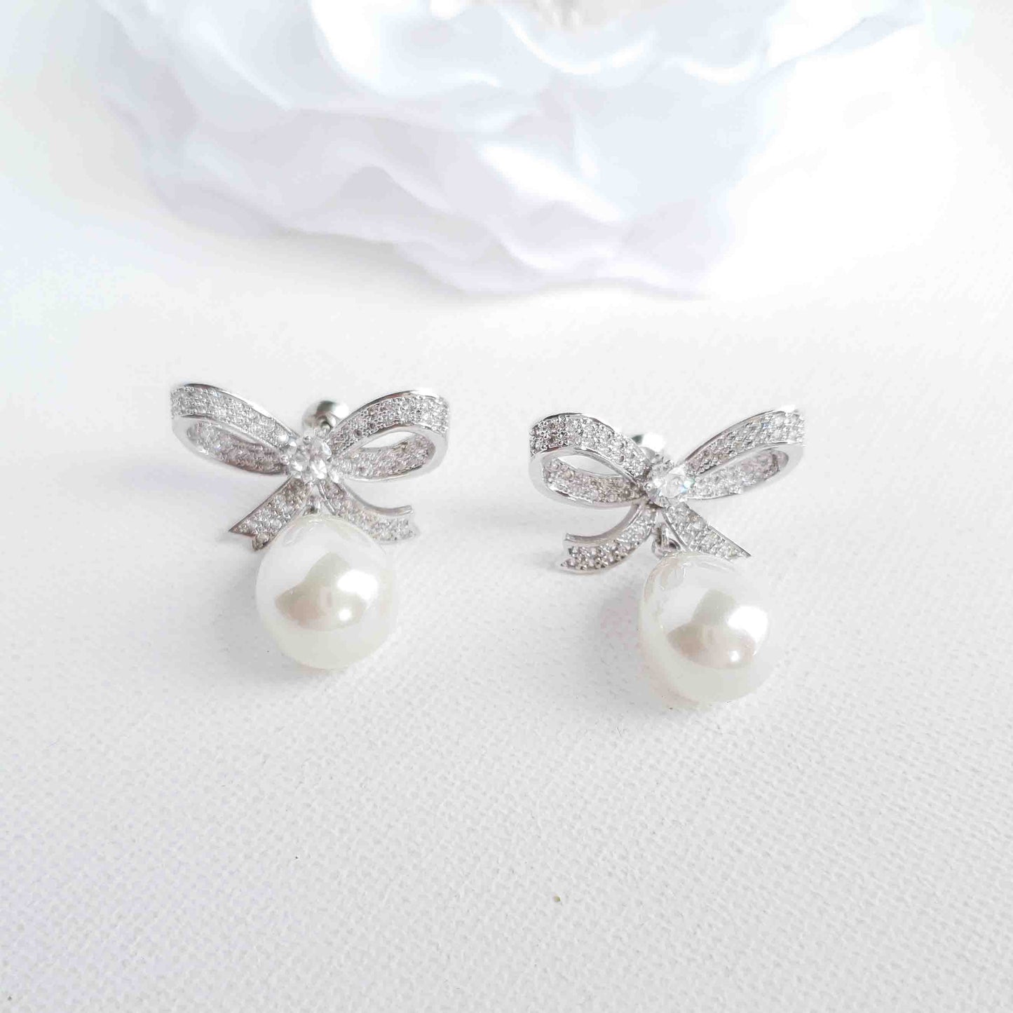 Bow Earrings with Pearl Drops-Delilah