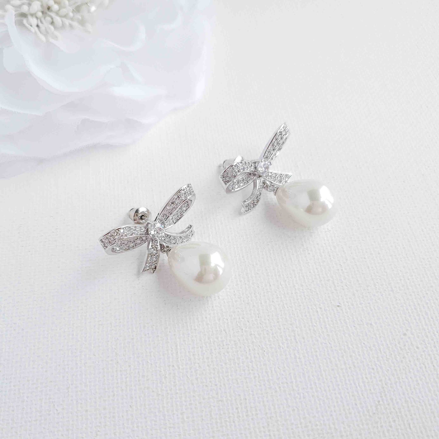 Bow Earrings with Pearl Drops-Delilah