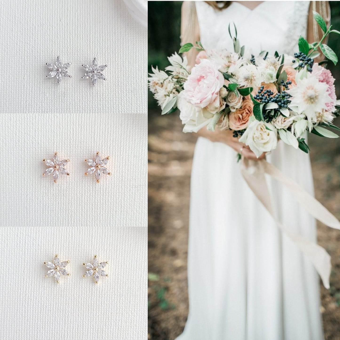 Small Rose Gold Flower Stud Earrings for Brides and Bridesmaids-Trisha