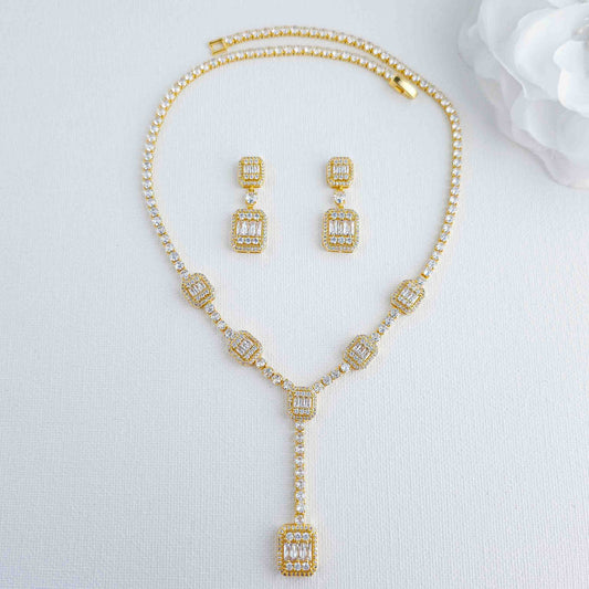 Gold Jewellery Set with Drop Necklace and Earrings for Wedding-Edith