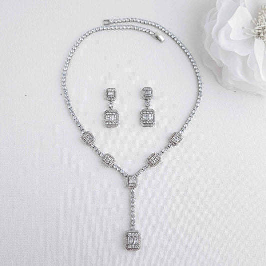 CZ T-Drop Formal Necklace & Earrings Set | Neckline Styling Jewelry - Edith
