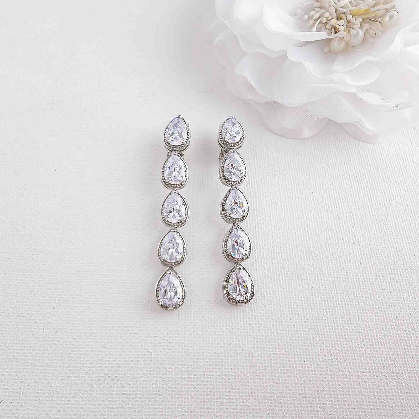 Long Clip-On Earrings With Teardrops-Elsa