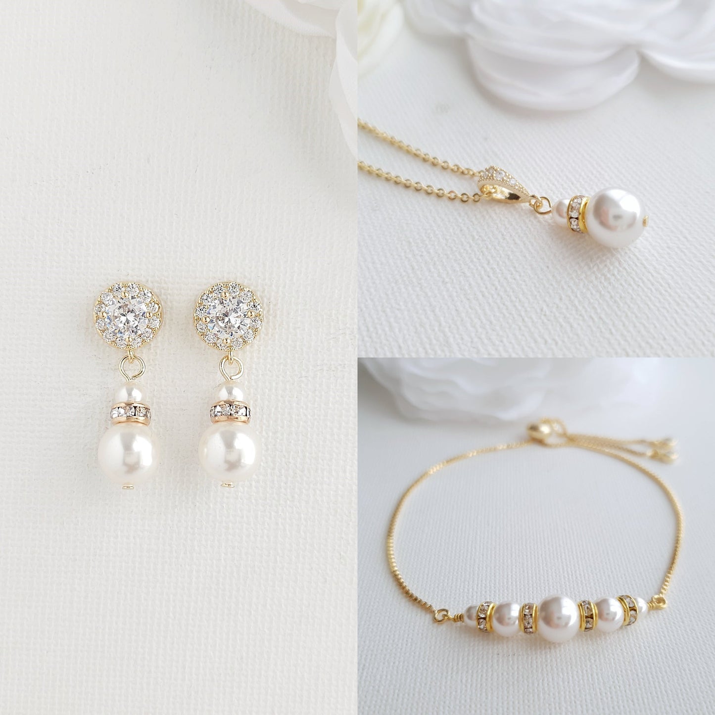 Earrings, Necklace Bracelet Set in Pearls for Weddings in Rose Gold-AVA