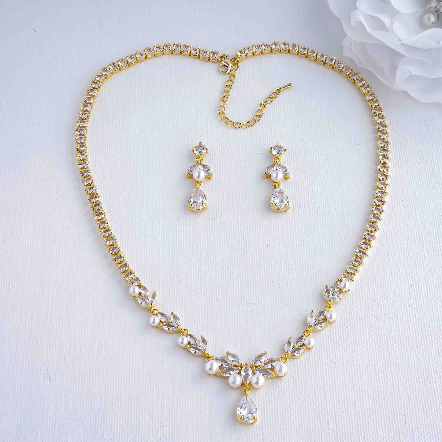 Pearl Wedding Jewellery Set of Necklace and Earrings-Jenna