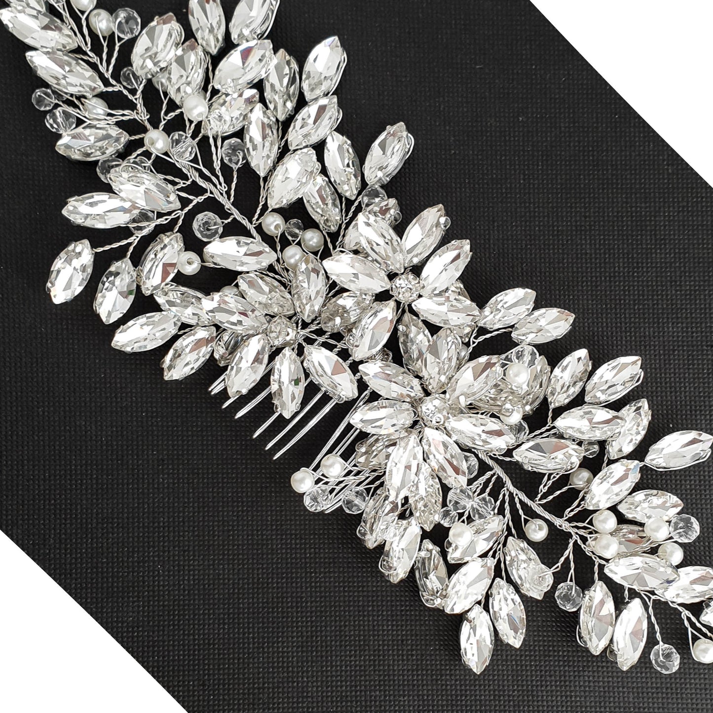 Extra Large Crystal Bridal Comb (8.5 Inch) | Statement Floral & Leaf Headpiece-Leana