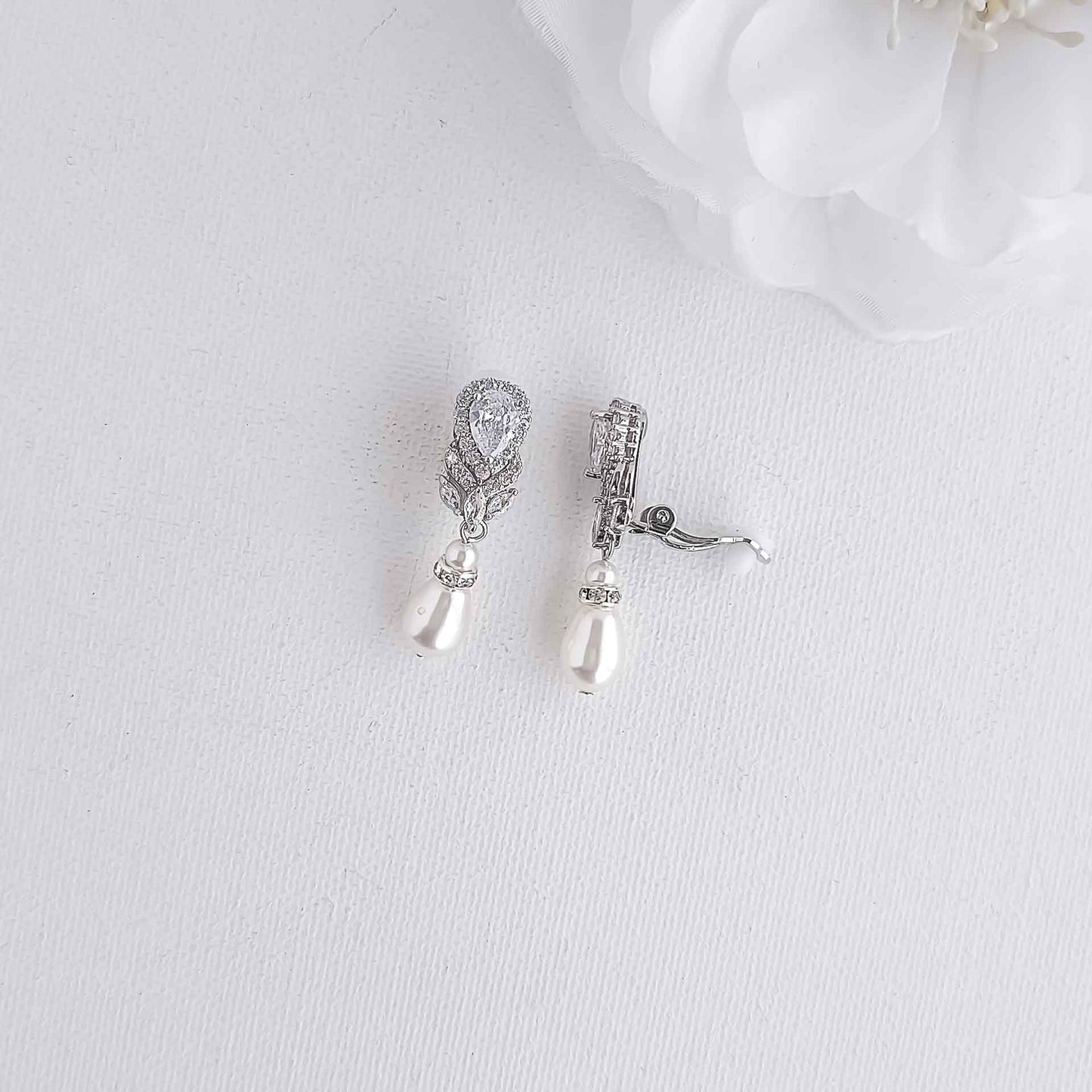 Vintage Clip On Earrings with Pearl Drops-Lucia