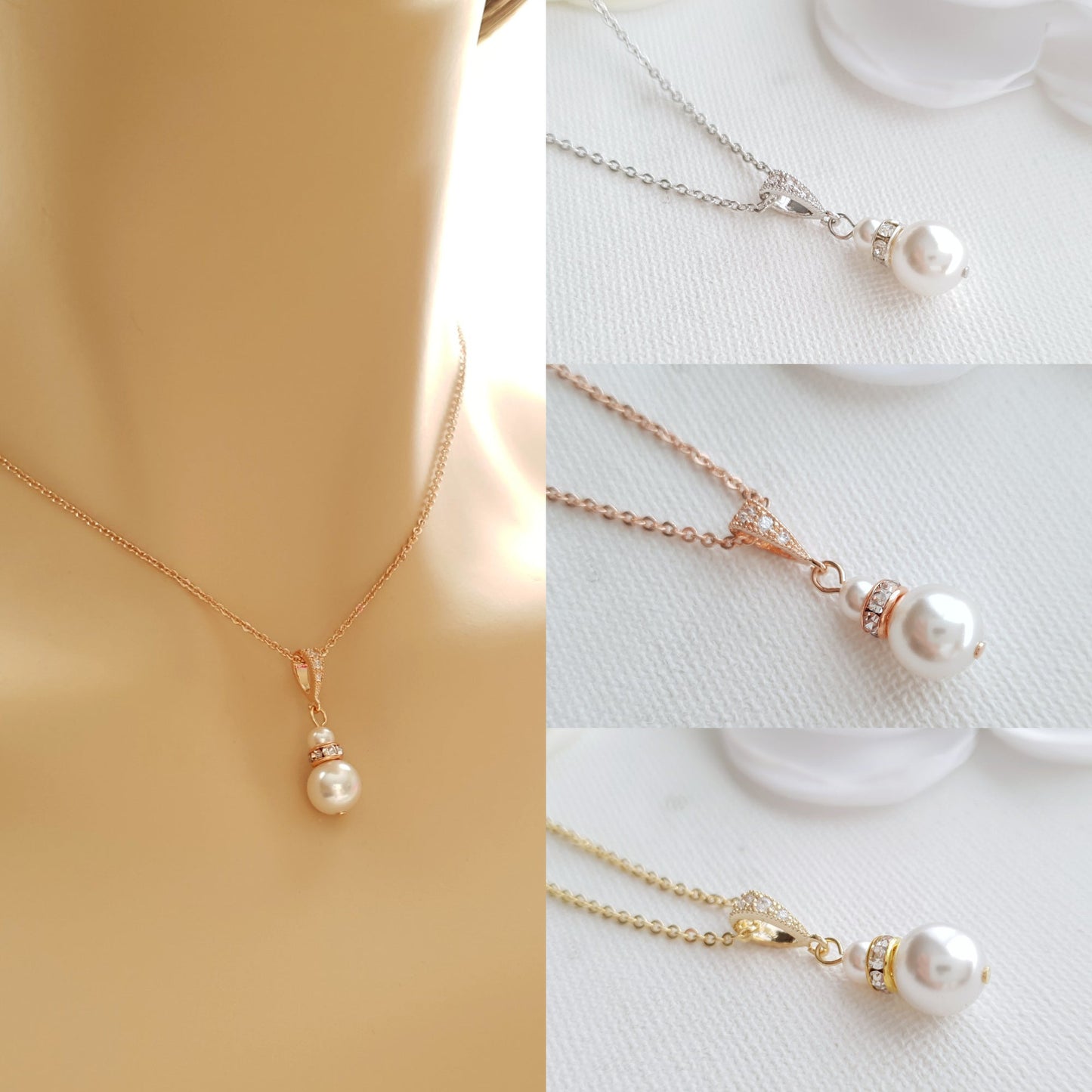 Earrings, Necklace Bracelet Set in Pearls for Weddings in Rose Gold-AVA