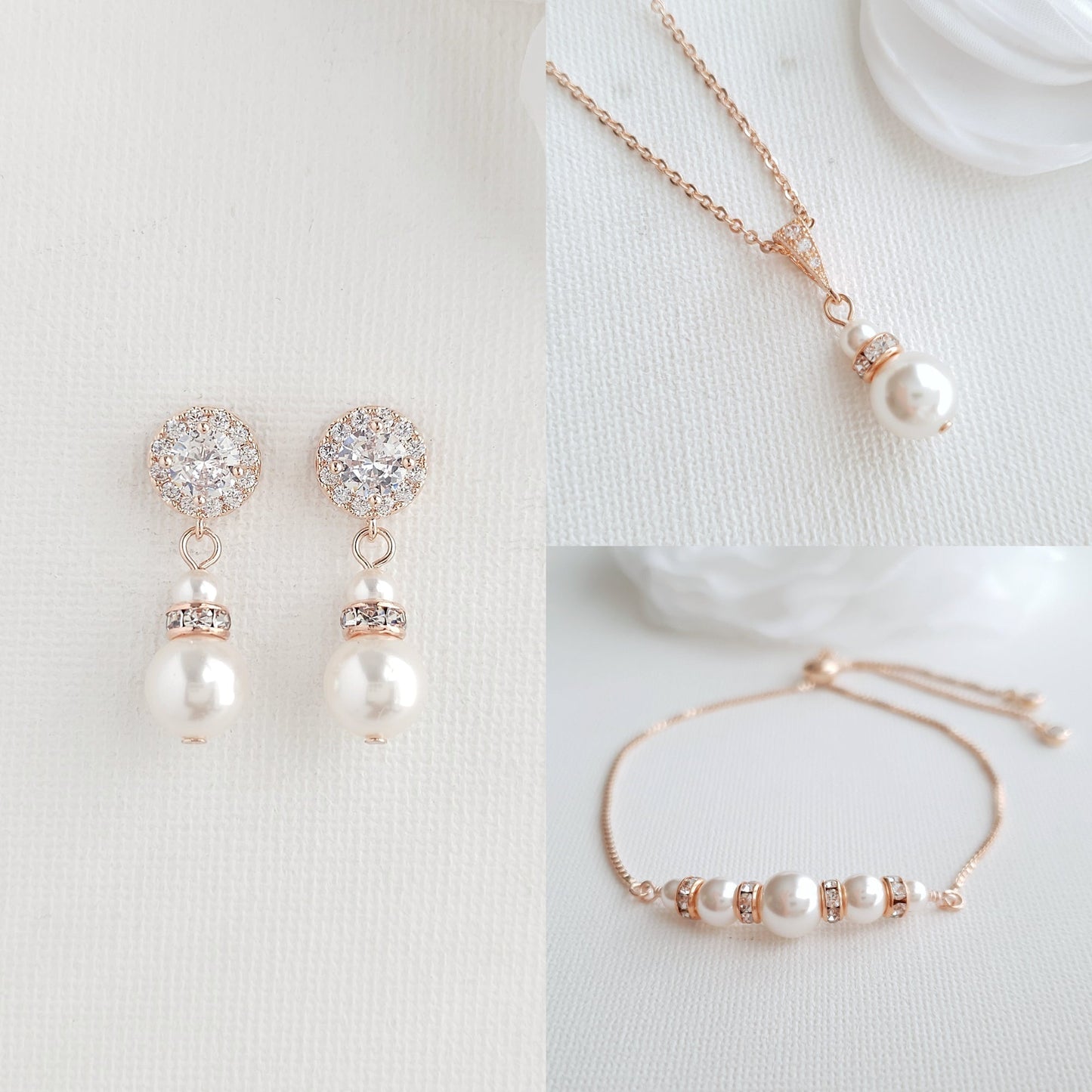 Earrings, Necklace Bracelet Set in Pearls for Weddings in Rose Gold-AVA