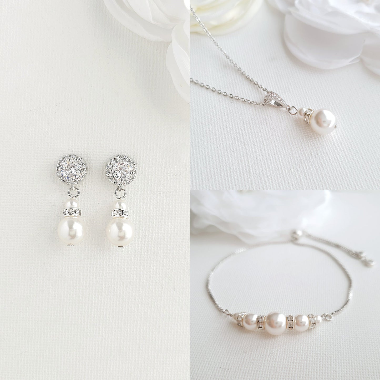 Earrings, Necklace Bracelet Set in Pearls for Weddings in Rose Gold-AVA