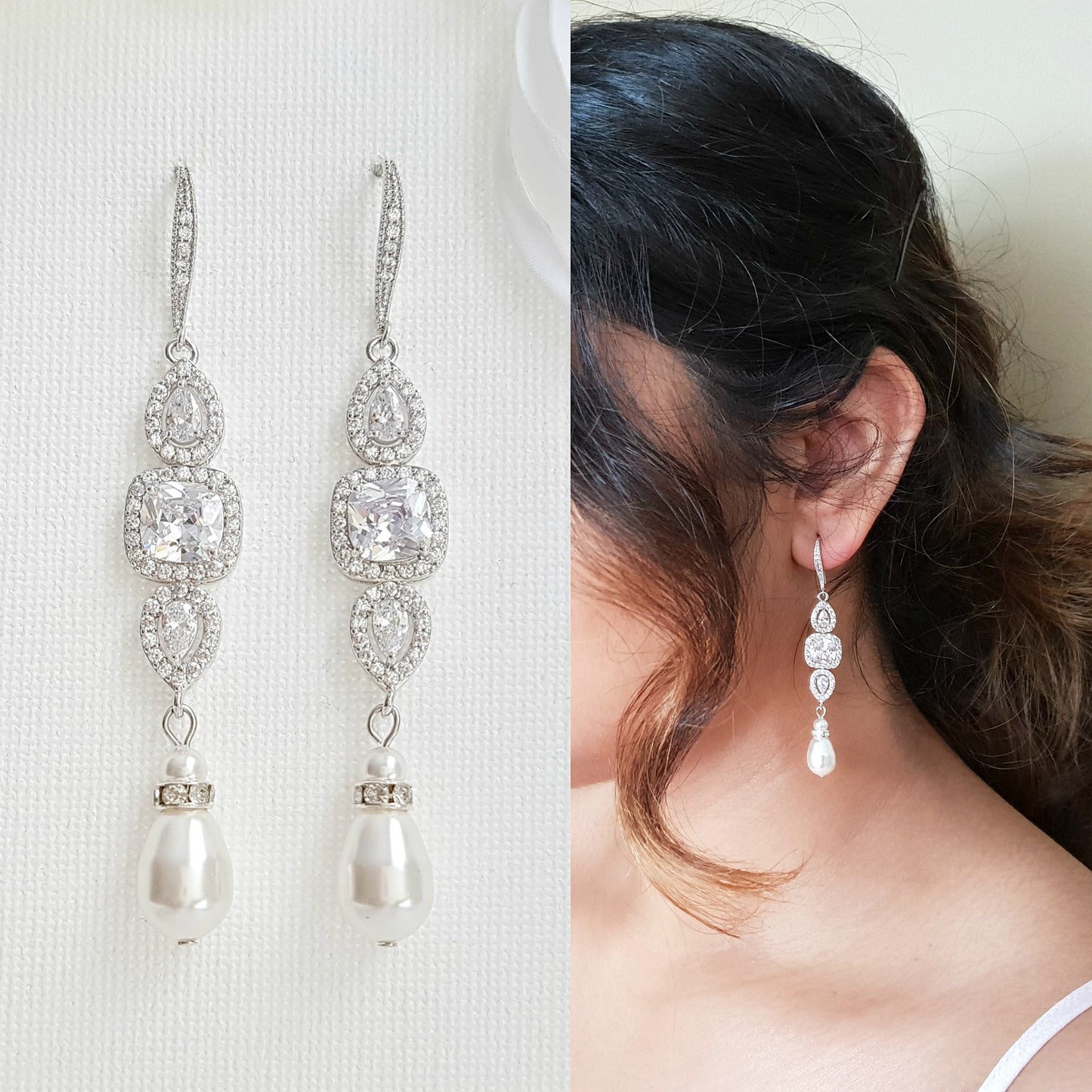 Pearl Drop Long Dangle Earrings for Weddings-Gianna