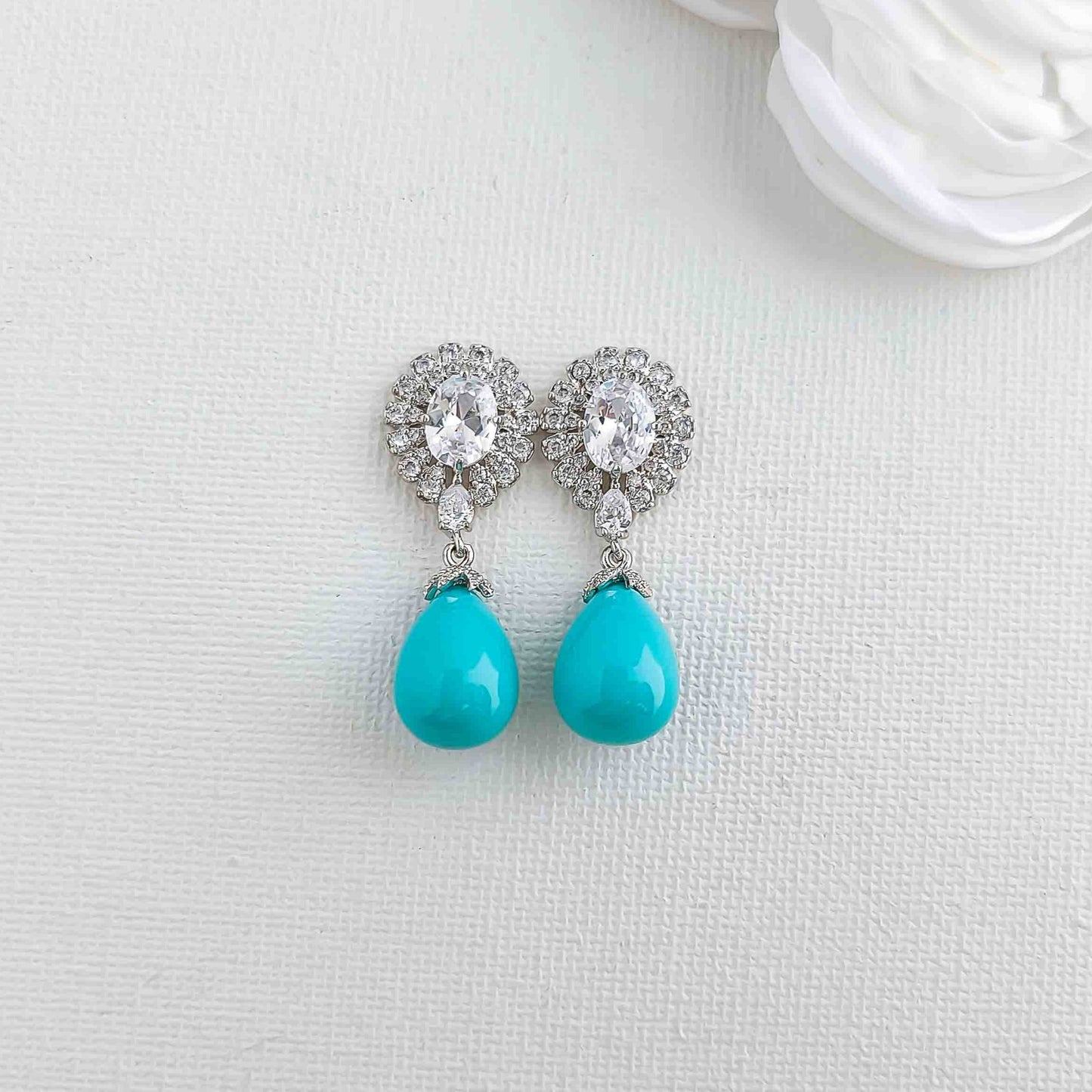 Turquoise Shell Pearl Drop Earrings with Dazzling CZ Top (Rhodium Plated)-Sophie