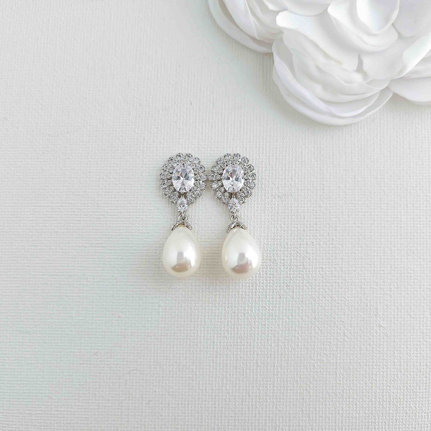 Earrings With White Teardrop Pearls for Brides-Sophie