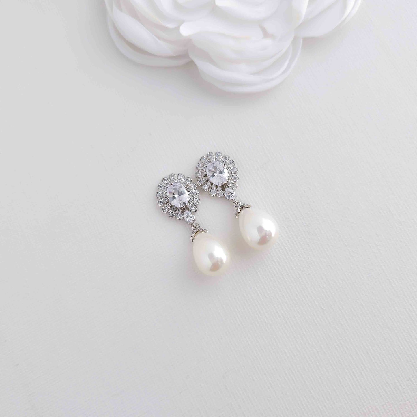 Earrings With White Teardrop Pearls for Brides-Sophie