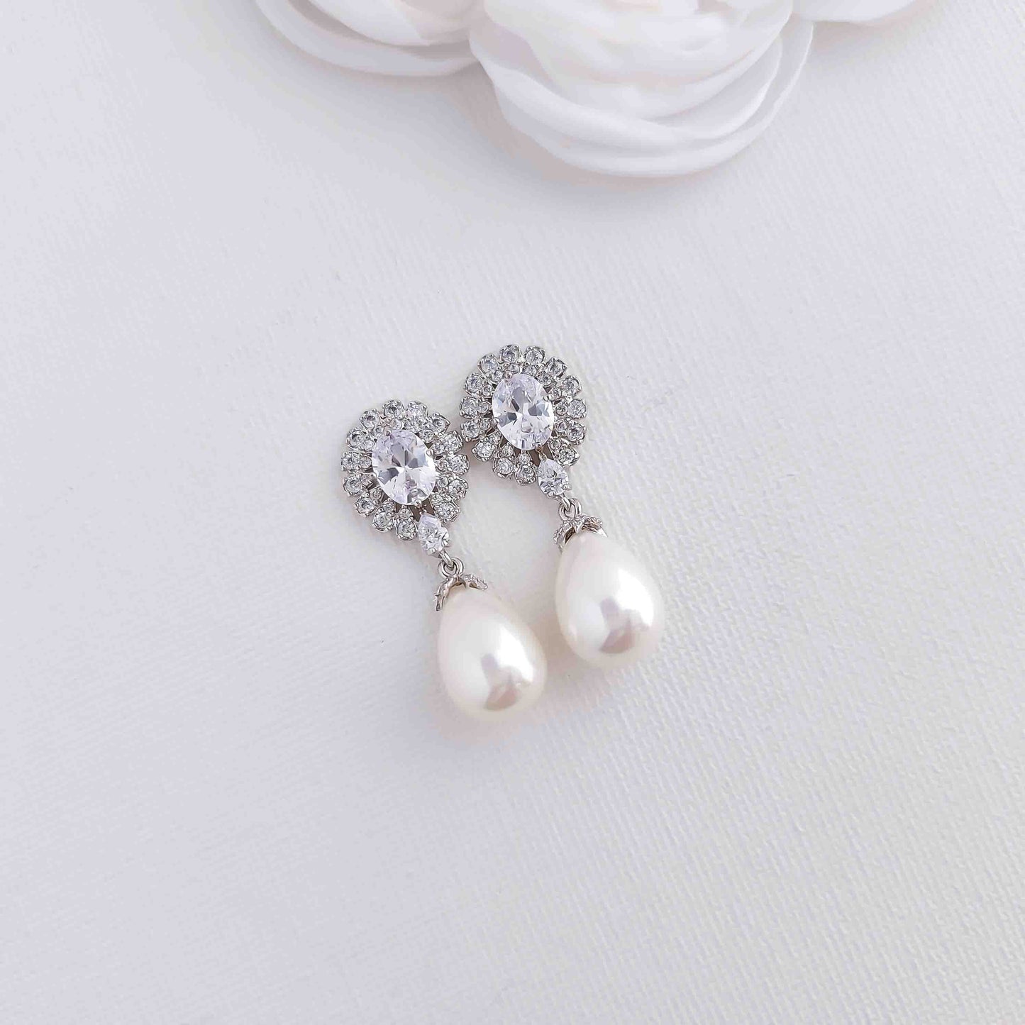 Earrings With White Teardrop Pearls for Brides-Sophie