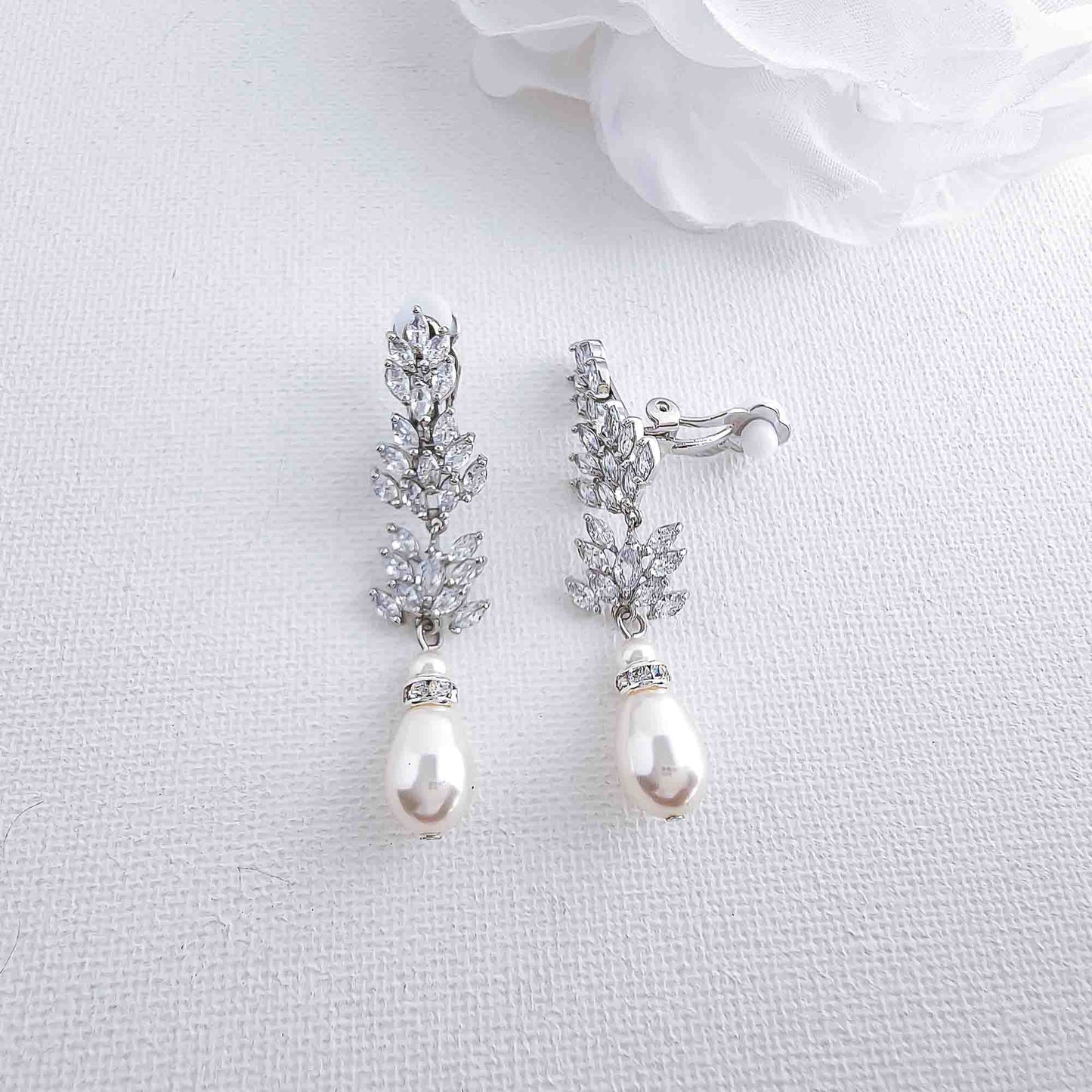 Leaf Clip On Earrings with Pearls-Treasa