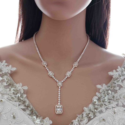 Rose Gold Art Deco Bridal Jewellery Set | CZ Necklace & Earrings - Edith