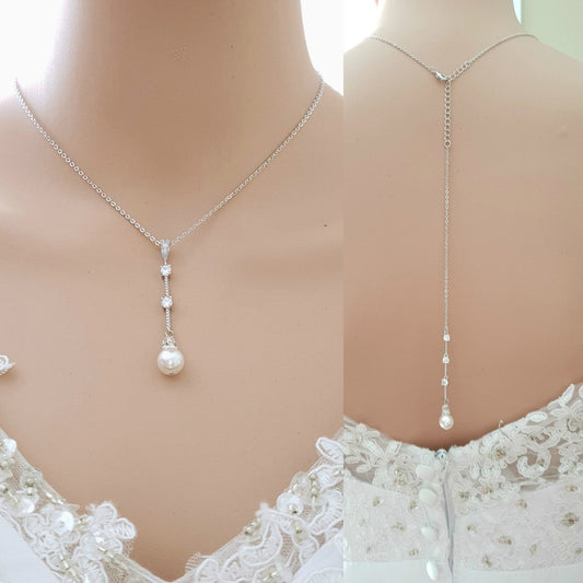 Simple Drop Back Bridal Necklace Silver- Ginger