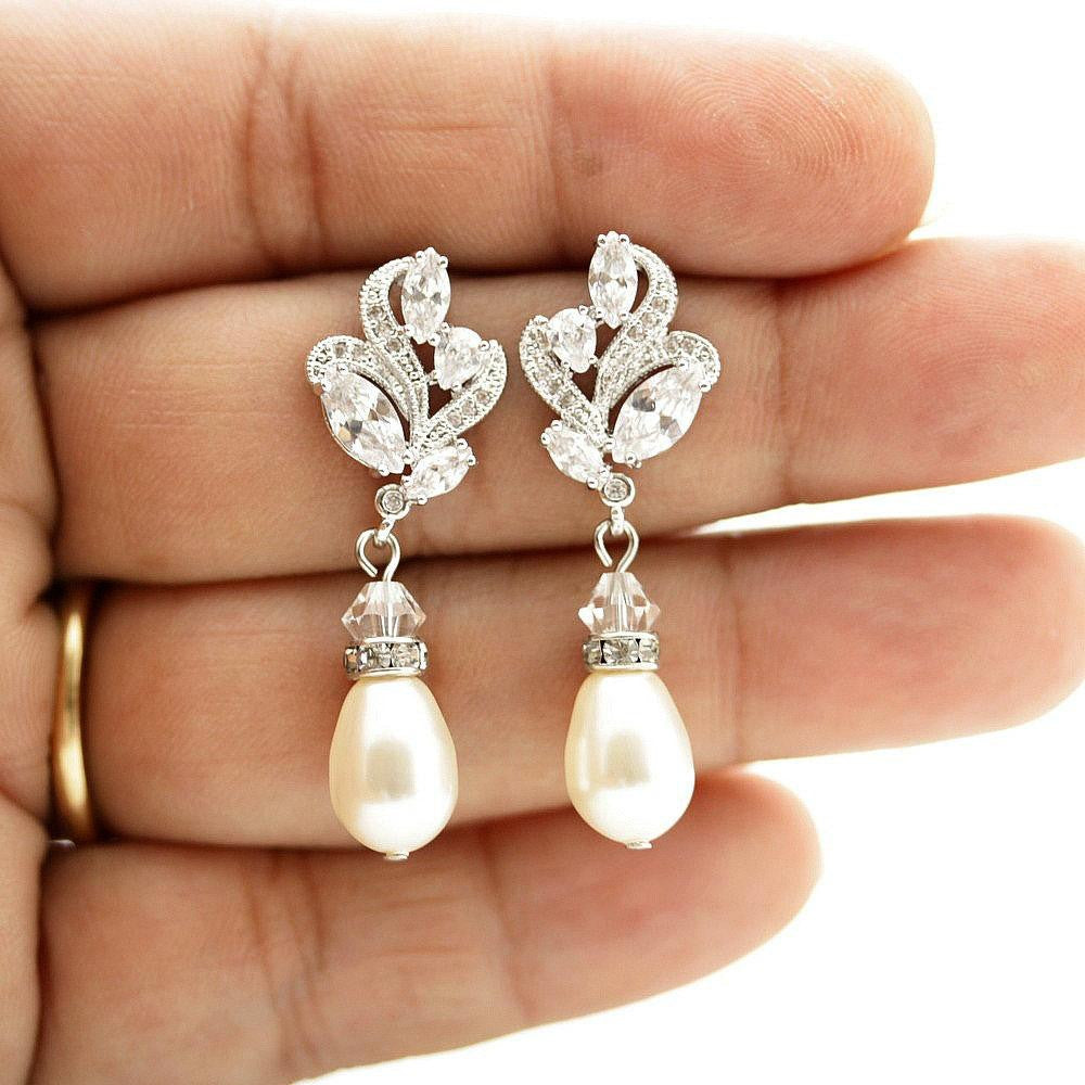 Silver Bridal Earrings With Pearl Drops-Wavy