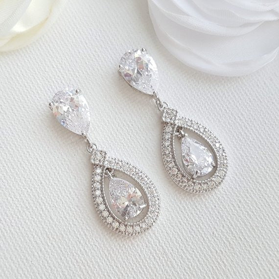 Silver Crystal Drop Bridal Earrings- Sarah