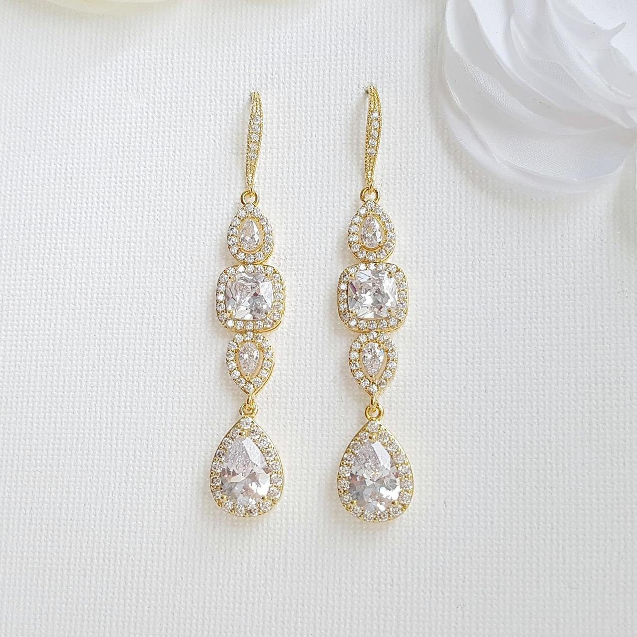 Long Gold Drop Dangle Earrings for Sparkly Bridal Wedding Day