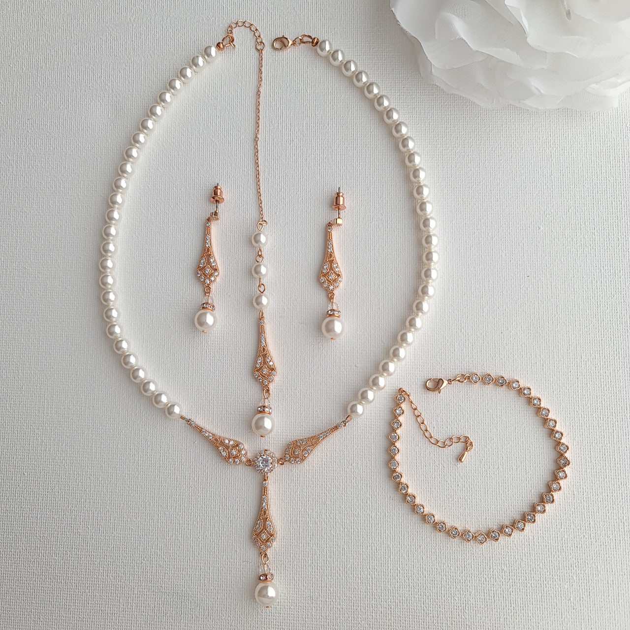 Bracelet Rose Gold Wedding Necklace Set Rose Gold Pearl Wedding