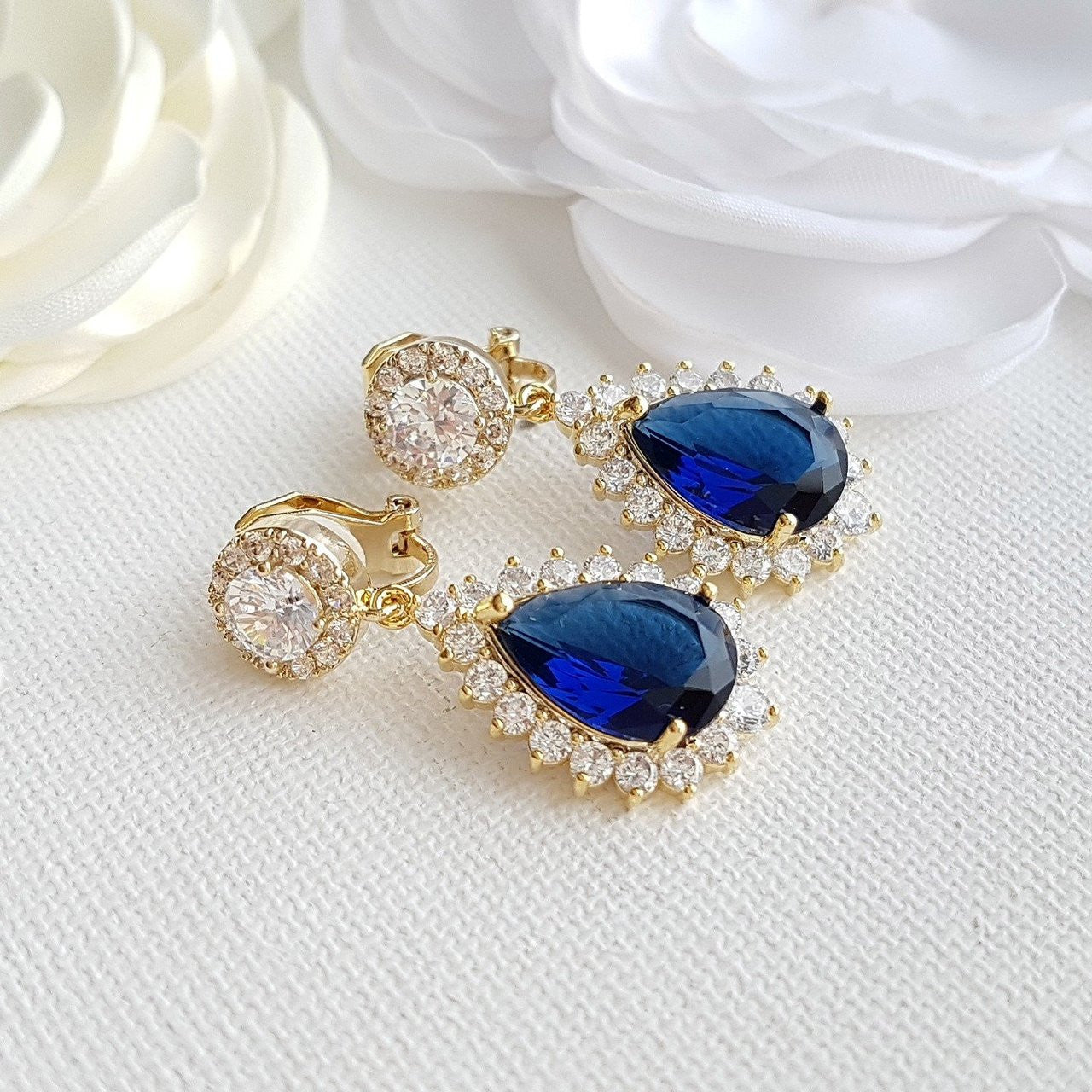 Sapphire Blue Clip On Bridal Earrings-Aoi