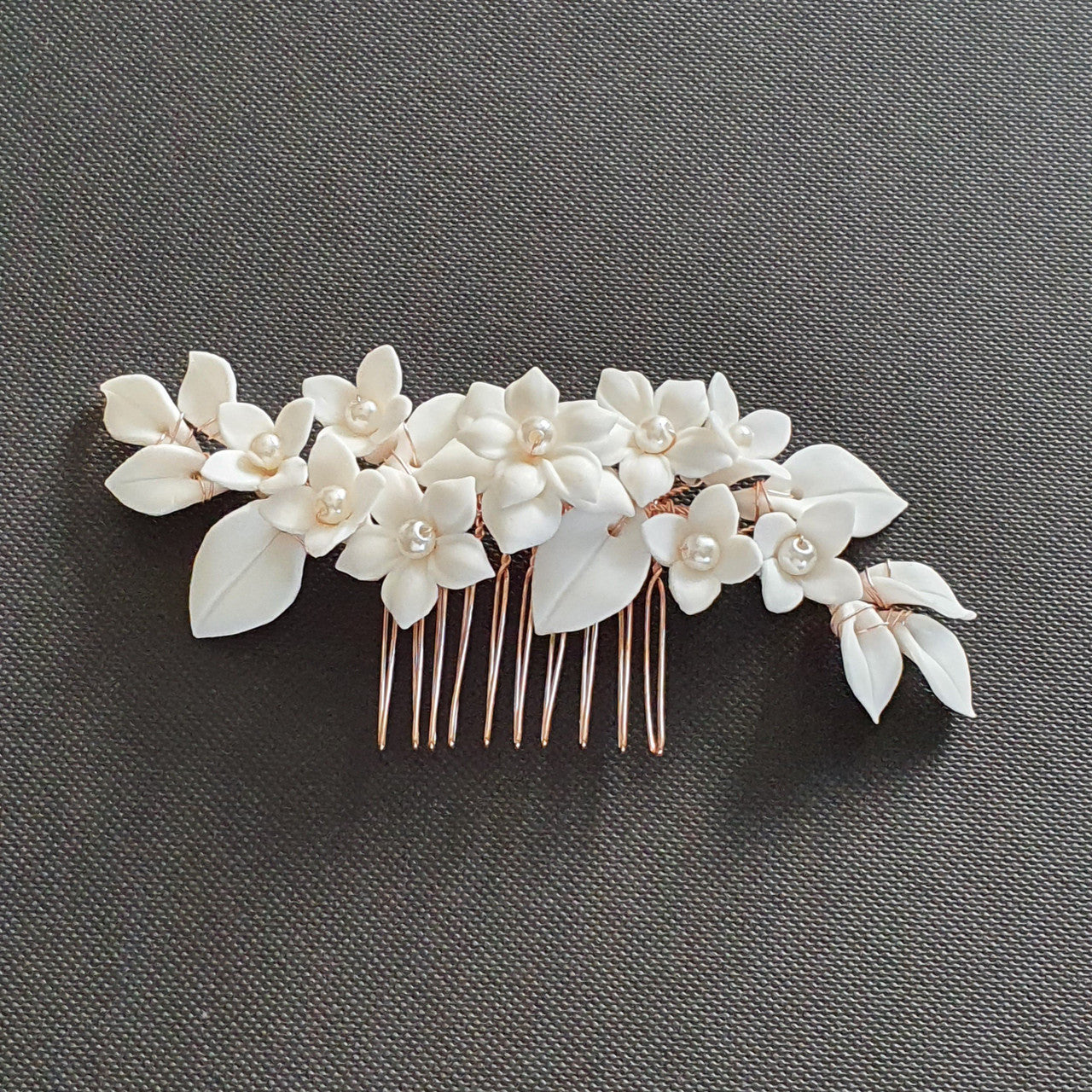 Floral Hair Comb For Brides in Rose Gold- Snow Drops