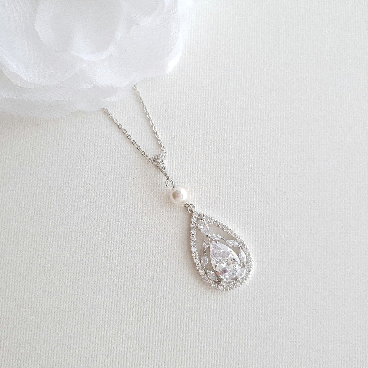 Teardrop Pendant Necklace for Wedding in Rose Gold & Pearl-Esther