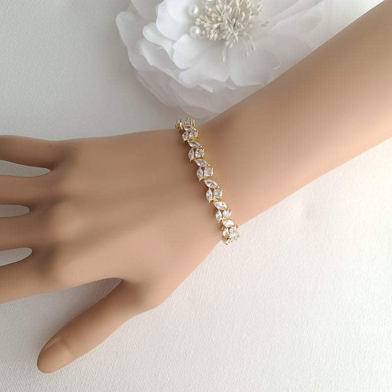 Bridal Tennis Bracelet With Gold Metal and Cubic Zirconia Leaf-Debra