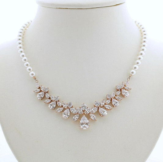 Rose Gold Backdrop Necklace, Bridal Back Necklace, Crystal Pearl Wedding Necklace, Romantic Wedding Necklace Bridal Jewelry, Nicole