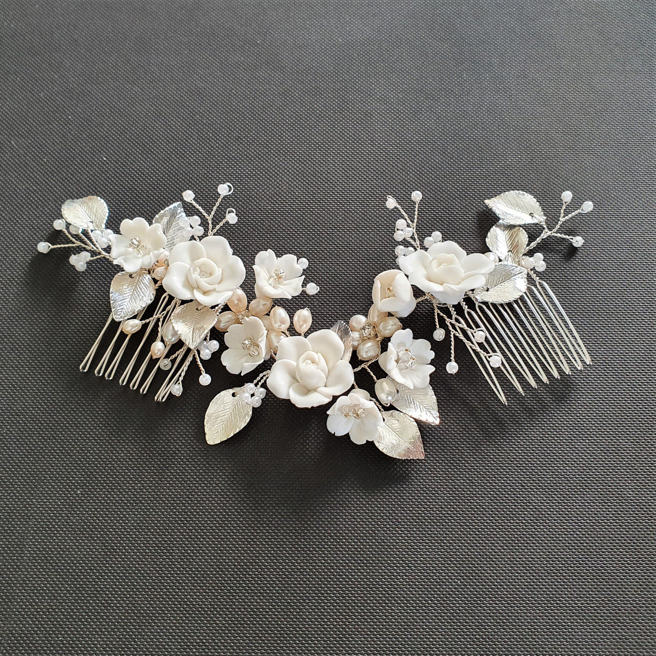 Double Comb Bridal Hairpiece with White Flowers-Blossom