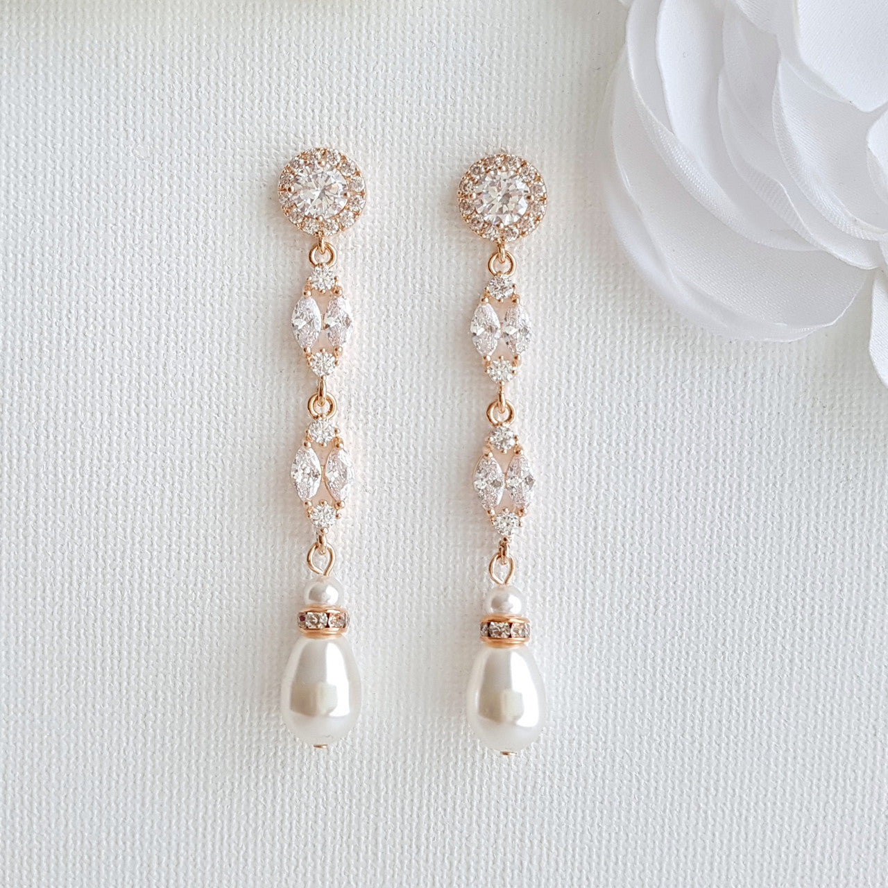 Long rose gold drop pearl earrings wedding- Poetry Designs