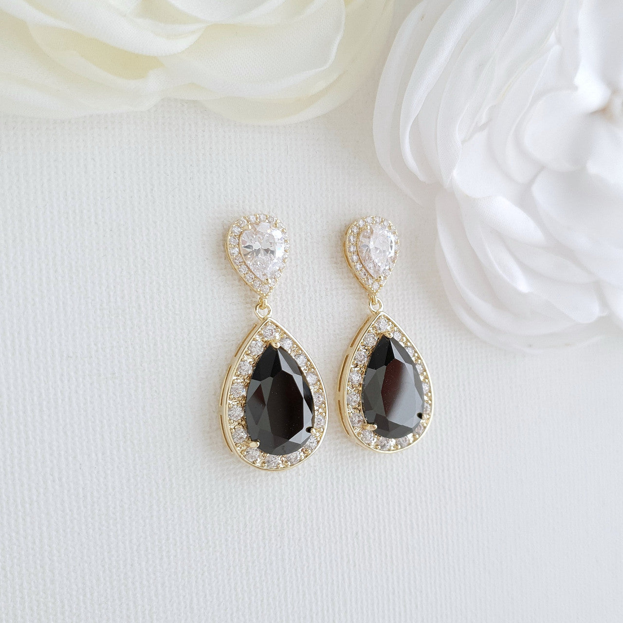 Cubic Zirconia Teardrop Clip On Earrings in Black & Gold- Zoe