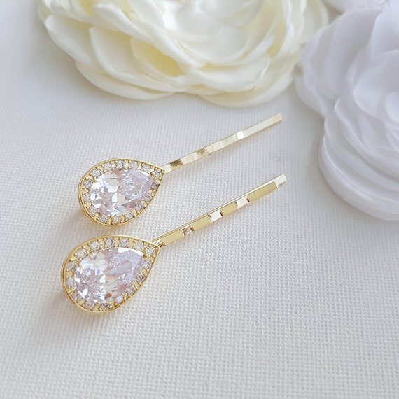 Gold Teardrop CZ Hair Pins | Versatile Bobby Pin Set for Wedding, Work & Everyday Styling- Evelyn